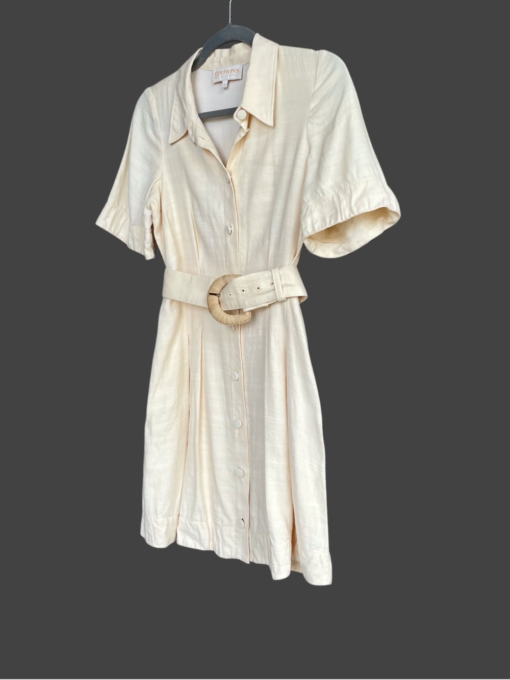 SEZANE Buttercream Ecru Linen Button Down Belted Mini Shirt Dress Gemma Dress - Picture 6 of 16
